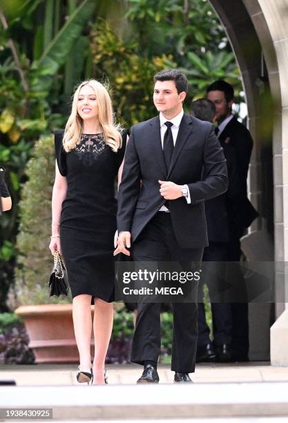 Tiffany Trump and Michael Boulos are seen arriving for the funeral of Amalija Knavs on January 18, 2024 in Palm Beach, Florida.