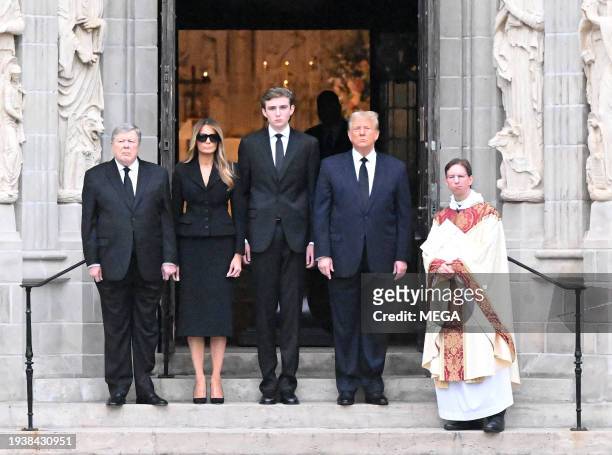 Viktor Knavs, Melania Trump, Barron Trump and Donald Trump are seen at the funeral of Melania's mother Amalija Knavs on January 18, 2024 in Palm...