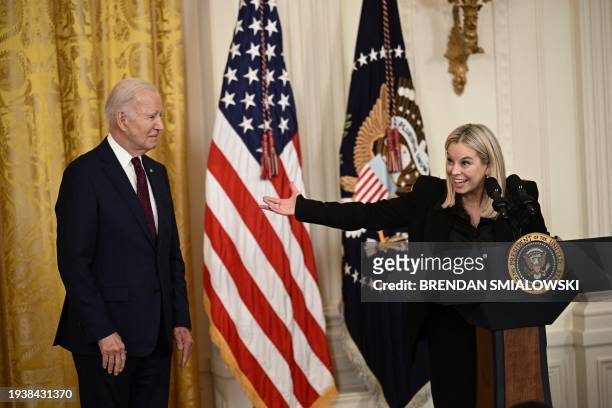 President Joe Biden is greeted by Hillary Shieve, mayor of Reno, Nevada, before addressing mayors attending the US Conference of Mayors Winter...