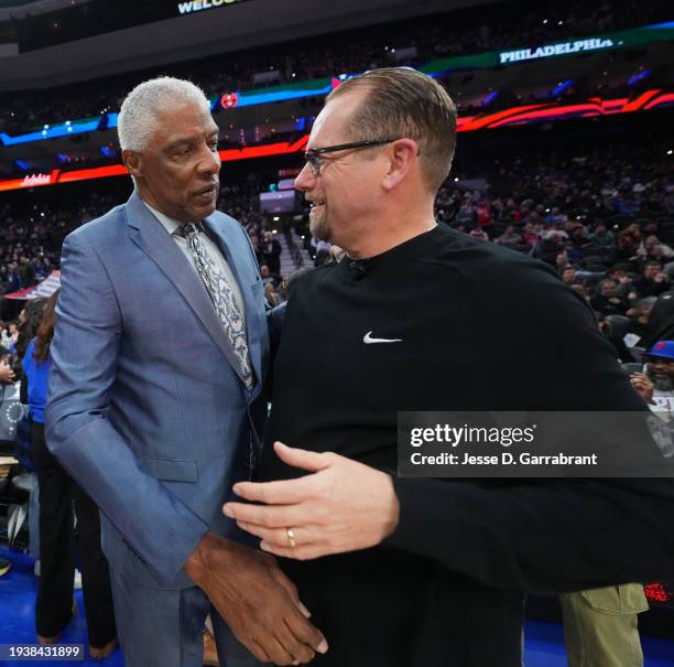 Julius Erving talks with Head Coach Nick Nurse of the Philadelphia 76ers before the game against the Denver Nuggets on January 16, 2023 at the Wells...