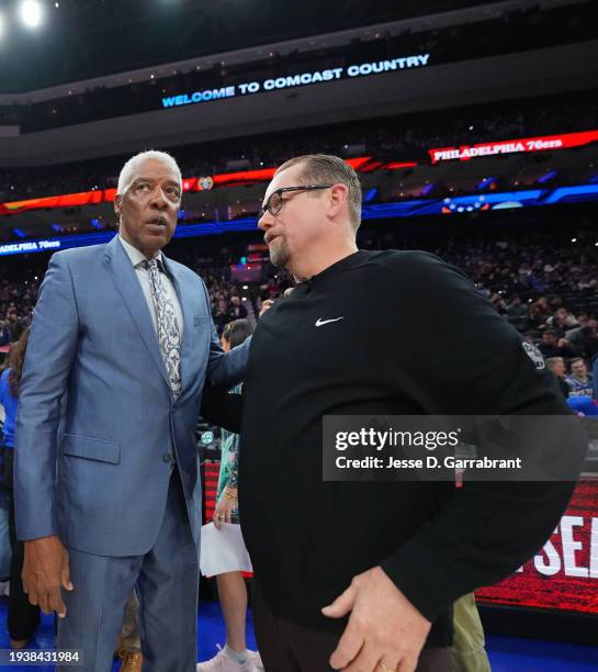 Julius Erving talks with Head Coach Nick Nurse of the Philadelphia 76ers before the game against the Denver Nuggets on January 16, 2023 at the Wells...