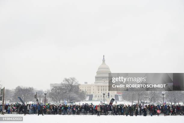 Demonstrators participate in the March For Life anti abortion rally in front of the US Capitol building in Washington, DC on January 19, 2024. This...