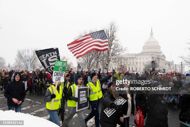 Demonstrators participate in the March For Life anti abortion rally in front of the US Capitol building in Washington, DC on January 19, 2024. This...