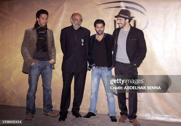 French Actor Jamel Debbouze flanked by French-Algerian actor Samy Bouajila , Morocan actors Mohamed Majd and Assaad Bouab are pictured during...