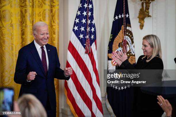 At right, President of the United States Conference of Mayors and Mayor of Reno, Nevada Hillary Schieve introduces U.S. President Joe Biden during an...