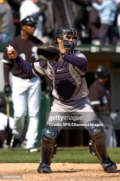 Joe Mauer of the Minnesota Twins throws to second base during a game against the Chicago White Sox at U.S. Cellular Field on April 8, 2007 in...