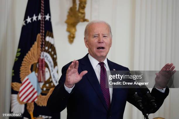 President Joe Biden speaks during an event with bipartisan mayors attending the U.S. Conference of Mayors Winter Meeting, in the East Room of the...