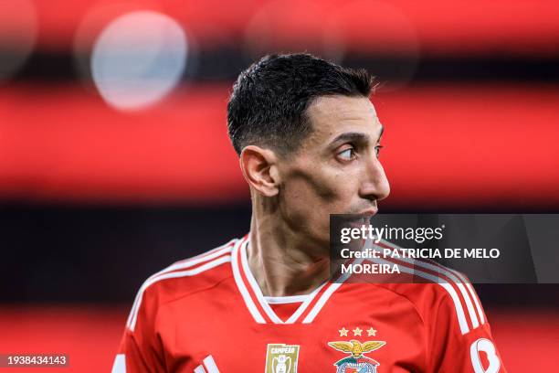 Benfica's Argentine forward Angel Di Maria looks backwards during the Portuguese League football match between SL Benfica and Boavista FC at the Luz...