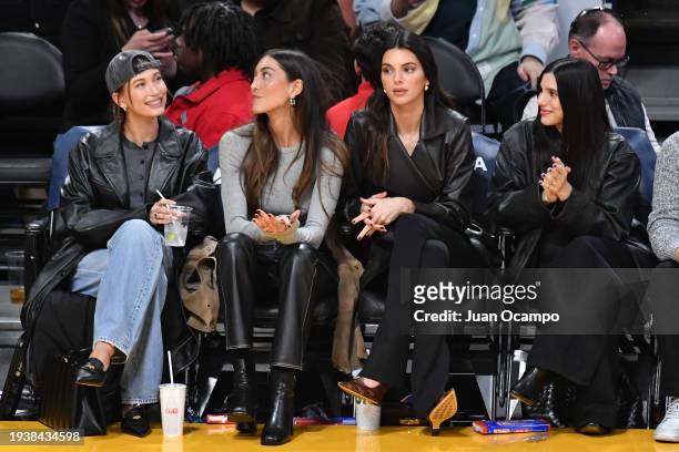 Sarah Staudinger, Kendall Jenner and Hailey Bieber attend a basketball game between the Oklahoma City Thunder and Los Angeles Lakers on January 15,...