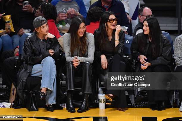 Sarah Staudinger, Kendall Jenner and Hailey Bieber attend a basketball game between the Oklahoma City Thunder and Los Angeles Lakers on January 15,...