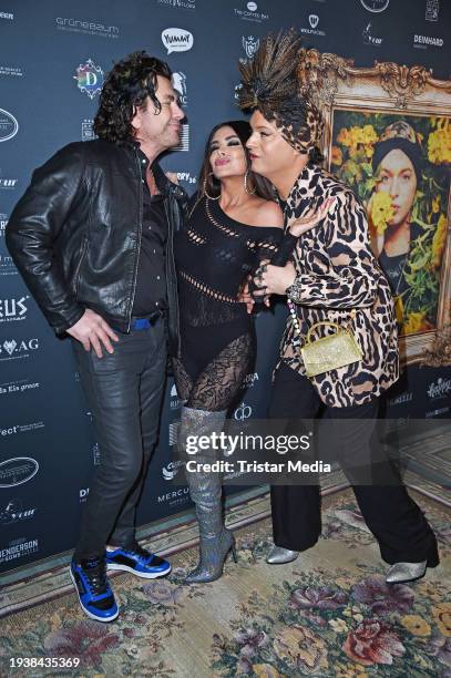 Kader Loth, Ismet Atli and Julian F. M. Stöckel attend the "Ich bin ein Star Holt mich hier raus!" public viewing at Hotel Pullmann Schweizer Hof on...