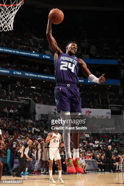 Brandon Miller of the Charlotte Hornets grabs a rebound during the game against the San Antonio Spurs on January 19, 2024 at Spectrum Center in...