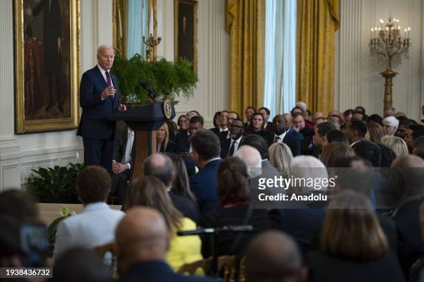 President Joe Biden delivers a speech as he hosts the U.S. Conference of Mayors Winter Meeting event at the White House in Washington, DC, United...
