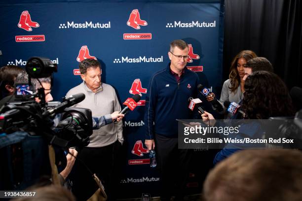 Chairman Tom Werner and President & CEO Sam Kennedy speak during a media availability during the welcome event for 2024 Boston Red Sox Winter Weekend...