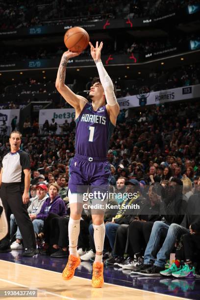 LaMelo Ball of the Charlotte Hornets shoots a three point basket during the game against the San Antonio Spurs on January 19, 2024 at Spectrum Center...