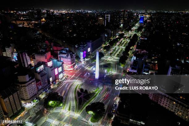 Aerial view of the Obelisk on 9 de Julio Avenue in Buenos Aires, on January 19, 2024.