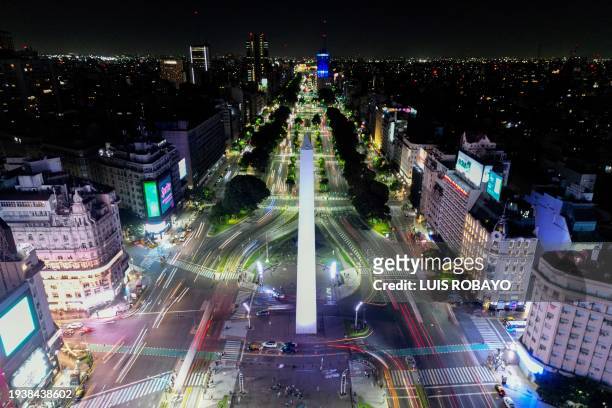 Aerial view of the Obelisk on 9 de Julio Avenue in Buenos Aires, on January 19, 2024.