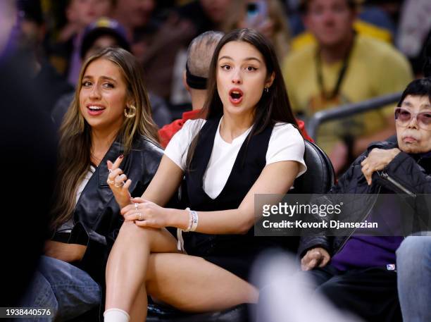Olivia Rodrigo at and Tate McRae attend the basketball game between the Los Angeles Lakers and Brooklyn Nets Crypto.com Arena on January 19, 2024 in...