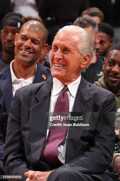 Former Miami Heat head coach Pat Riley smiles during Udonis Haslem's jersey retirement ceremony on January 19, 2024 at Kaseya Center in Miami,...