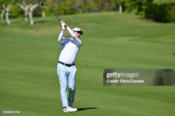 Mike Weir of Canada plays his second shot on the first hole during the second round of the PGA TOUR Champions Mitsubishi Electric Championship at...