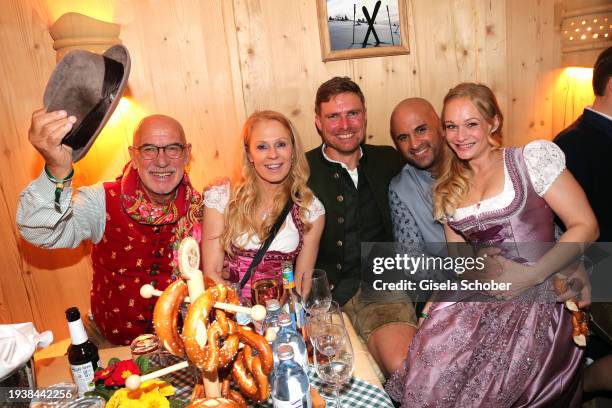 Otto Retzer, Ulrike Kriegler, Leo Reisinger, Eric Papilaya, Melanie Binder during the 31st Weißwurstparty at Hotel Stanglwirt on January 19, 2024 in...