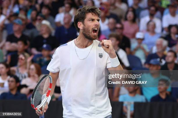 Britain's Cameron Norrie reacts after a point against Norway's Casper Ruud during their men's singles match on day seven of the Australian Open...