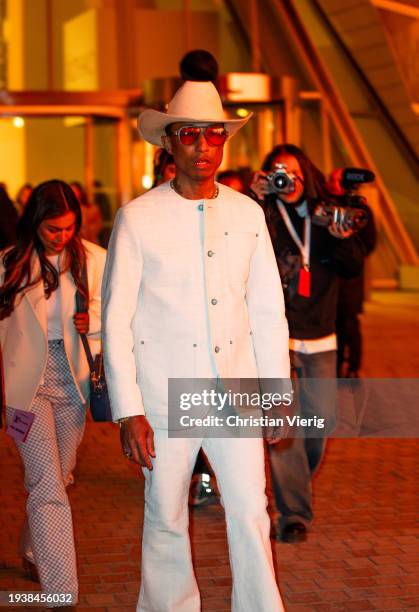 Pharrell Williams is seen outside Louis Vuitton during the Menswear Fall/Winter 2024/2025 as part of Paris Fashion Week on January 16, 2024 in Paris,...