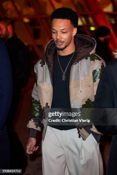 Melvin Boomer is seen outside Louis Vuitton during the Menswear Fall/Winter 2024/2025 as part of Paris Fashion Week on January 16, 2024 in Paris,...