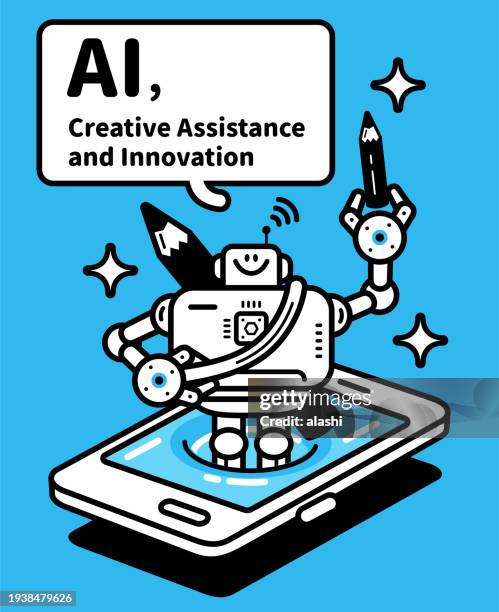 ein ki-chatbot-assistent erscheint auf dem smartphone-bildschirm und hält einen kreativen bleistift in der hand - mobile phone edit stock-grafiken, -clipart, -cartoons und -symbole