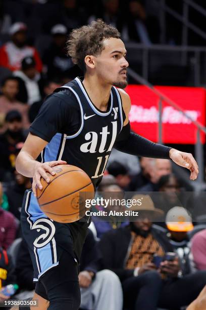 Trae Young of the Atlanta Hawks drives against San Antonio Spurs during the second half at State Farm Arena on January 15, 2024 in Atlanta, Georgia....