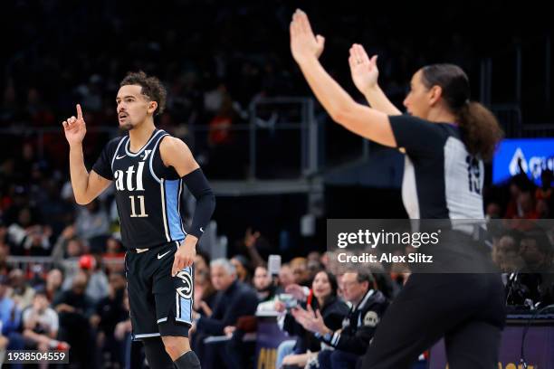 Trae Young of the Atlanta Hawks reacts during the game against the San Antonio Spurs at State Farm Arena on January 15, 2024 in Atlanta, Georgia....