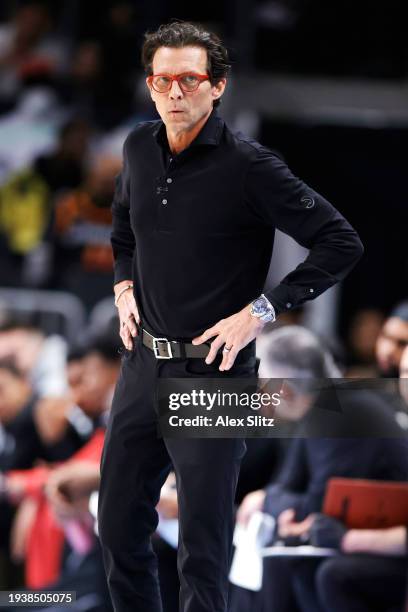 Head coach Quin Snyder of the Atlanta Hawks gestures during the first half against the San Antonio Spurs at State Farm Arena on January 15, 2024 in...