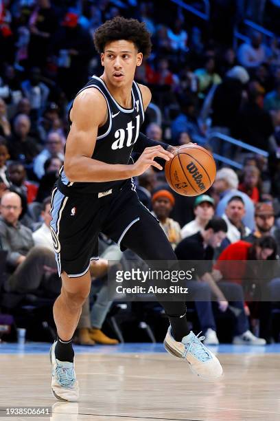 Jalen Johnson of the Atlanta Hawks works against the San Antonio Spurs during the first half at State Farm Arena on January 15, 2024 in Atlanta,...