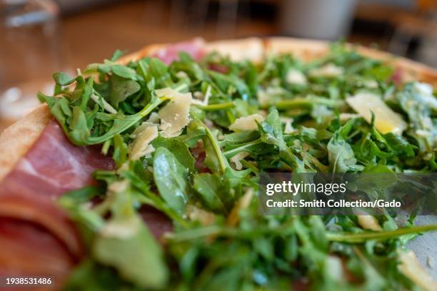 Close-up of prosciutto and arugula pizza at Delarosa in San Ramon, California, June 26, 2023.