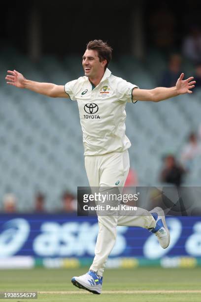 Pat Cummins of Australia celebrates the wicket of Kraigg Brathwaite of the West Indies during the Mens Test match series between Australia and West...