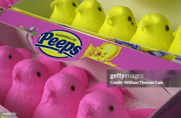 Pink and yellow Marshmallow Peeps are seen April 18, 2003 in Warminster, Pennsylvania. Just Born, the manufacturer of Marshmallow Peeps, is...