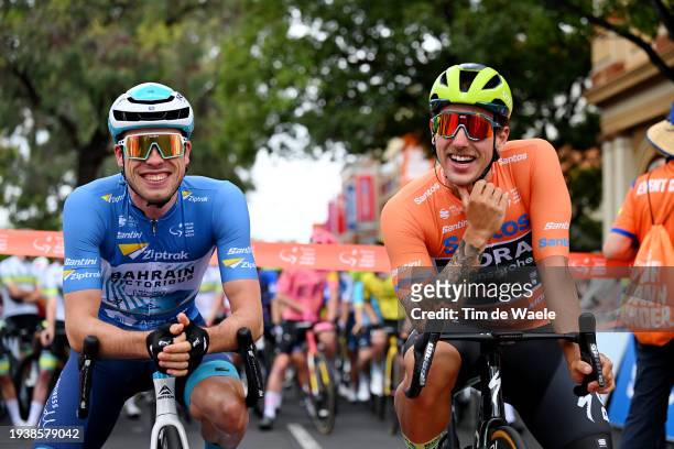 Phil Bauhaus of Germany and Team Bahrain Victorious - Blue Sprint Jersey and Sam Welsford of Australia and Team BORA - Hansgrohe - Orange Santos...