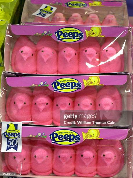 Marshmallow Peeps are seen on display at McCaffrey's Supermarket April 18, 2003 in Southampton, Pennsylvania. Just Born, the manufacturer of...