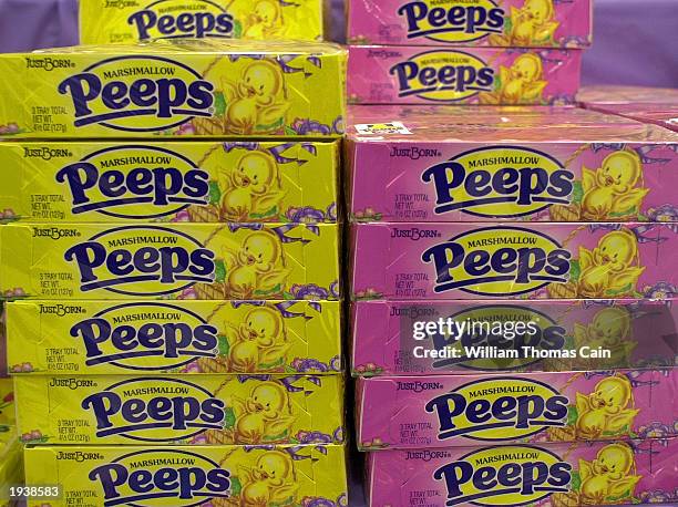 Marshmallow Peeps are seen on display at McCaffrey's Supermarket April 18, 2003 in Southampton, Pennsylvania. Just Born, the manufacturer of...