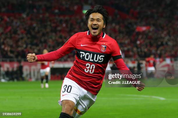 Shinzo Koroki of Urawa Red Diamonds celebrates after scoring the team's first goal during the J.League Championship Final second leg match between...