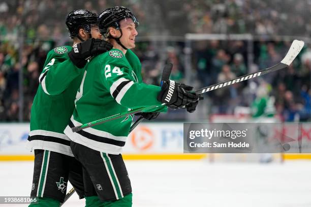 Roope Hintz of the Dallas Stars celebrates after scoring a goal during the first period against the Los Angeles Kings at American Airlines Center on...