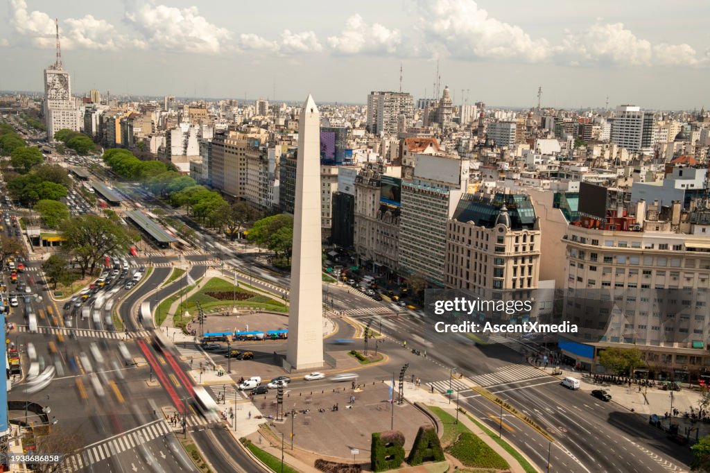 Aerial view of city skyline and traffic
