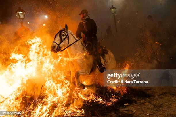 Man rides a horse through bonfires during 'Las Luminarias' Festival on January 16, 2024 in San Bartolome de Pinares, Spain. Each year, horses leap...