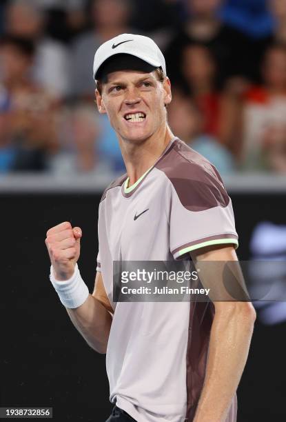 Jannik Sinner of Italy celebrates a point in their round two singles match against Jesper de Jong of the Netherlands during the 2024 Australian Open...