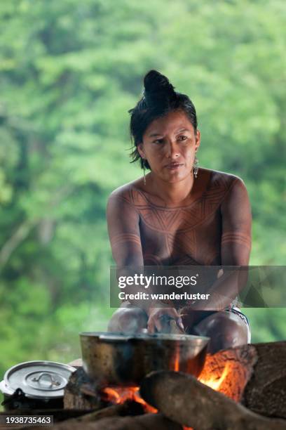 embera woman cooking over a fire - embera women stock pictures, royalty-free photos & images