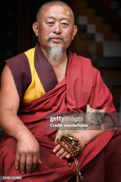 bhutanese monk with cat - bhutan stock pictures, royalty-free photos & images