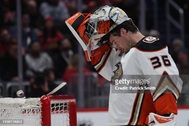Goalie John Gibson of the Anaheim Ducks reacts against the Washington Capitals during the second period at Capital One Arena on January 16, 2024 in...