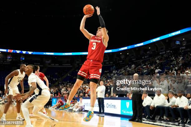 Connor Essegian of the Wisconsin Badgers takes a jump shot in the first half during a college basketball game against the Penn State Nittany Lions at...