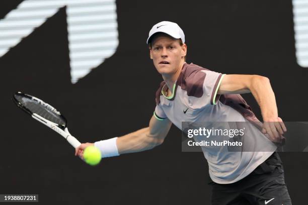 Jannik Sinner of Italy is in action during his round three singles match against Sebastian Baez of Argentina on day six of the 2024 Australian Open...