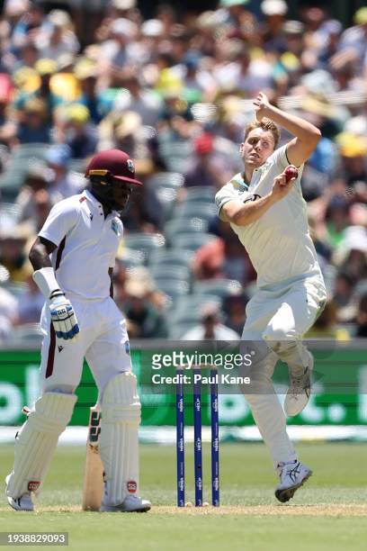 Cameron Green of Australia bowls during the Mens Test match series between Australia and West Indies at Adelaide Oval on January 17, 2024 in...